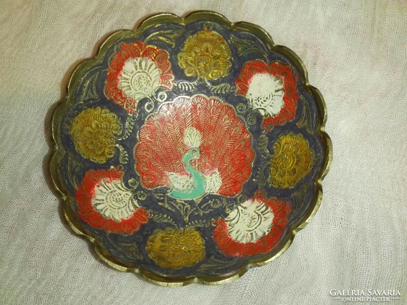 Indian peacock offering...Brass bowl painted with fire enamel.