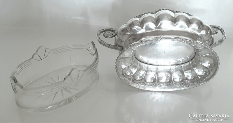 Art deco silver (800), glass insert, tray with handles, table center (1160 g)