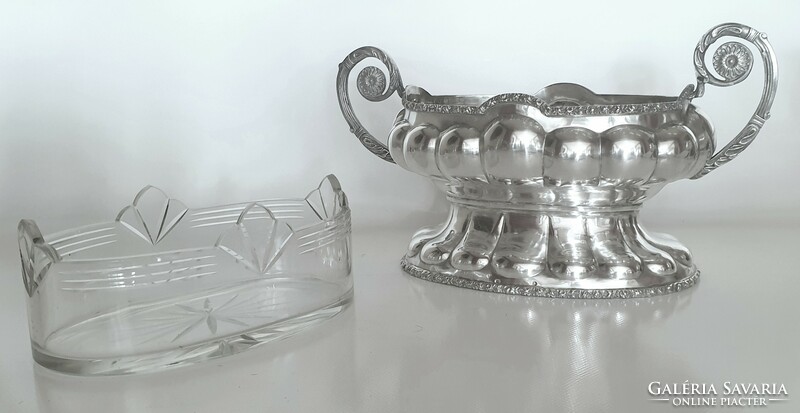 Art Deco ezüst (800), üvegbetétes, füles kínáló, asztalközép (1160 g)