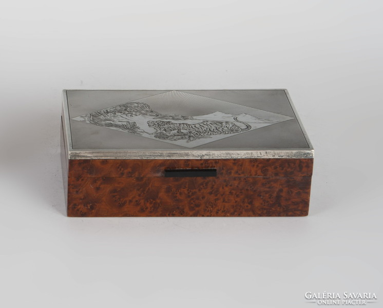 Silver inlaid wooden box with a fighting tiger
