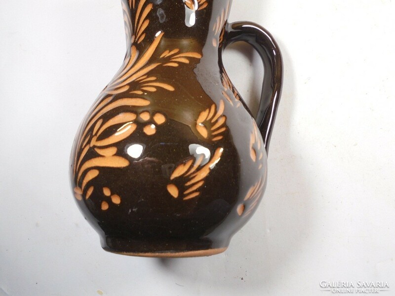 Retro old folk folk art glazed painted ceramic clay jug with handle