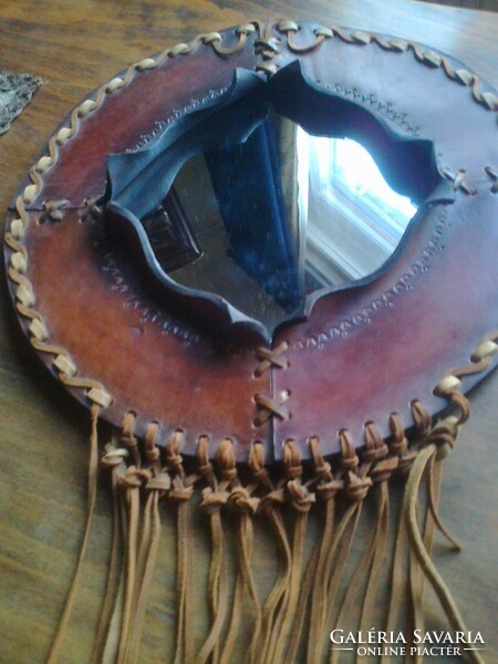 Handcrafted decorative wall mirror with leather frame - from the early 70s