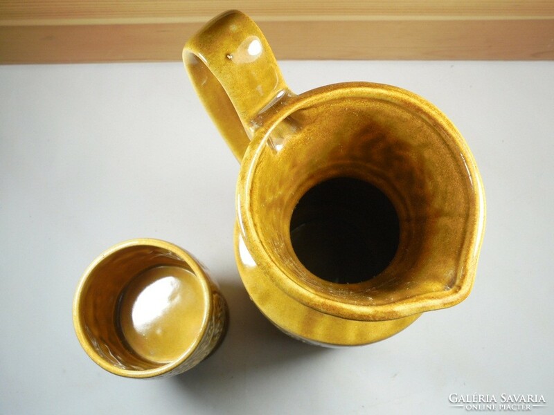 Retro old glazed marked ceramic jug pitcher with cup cup wine grape Greek embossed pattern