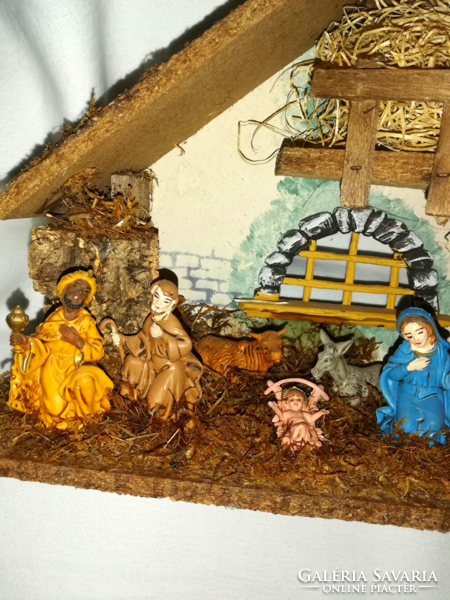 Retro, fából készült karácsonyi Betlehem asztaldísz