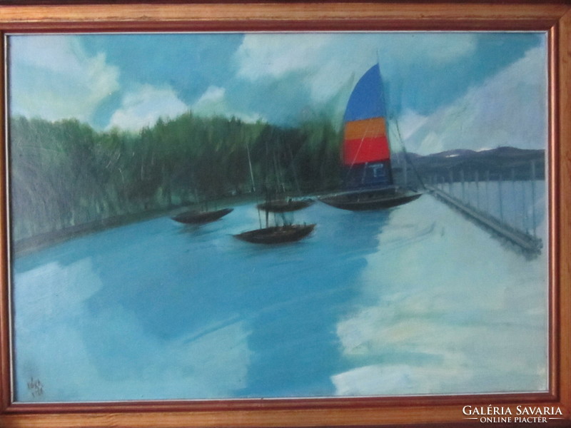 Ferenc Kóka (1934-1997): the port of Lake Balaton (1986) - 42 x 62 cm, oil, wood