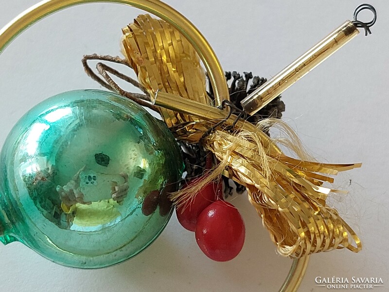 Régi üveg karácsonyfadísz szív alakú arany zöld színű üvegdísz