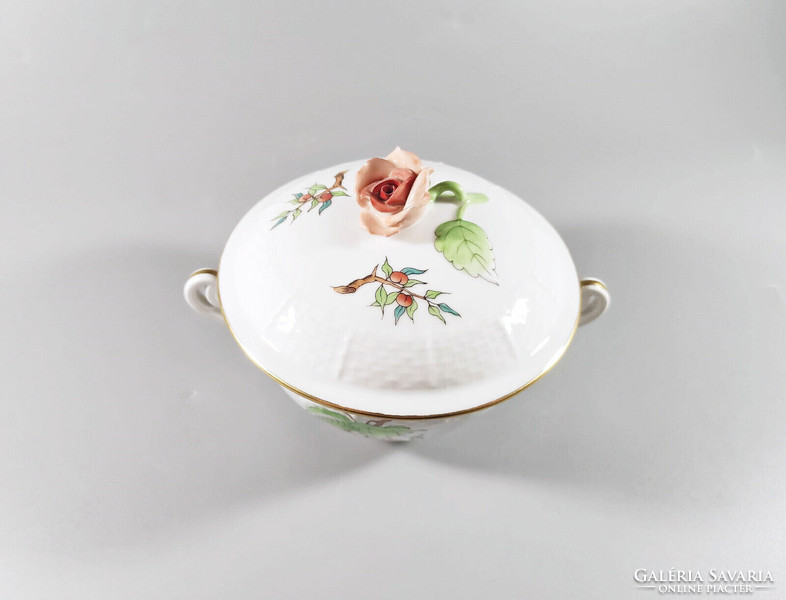 Herend hand-painted porcelain soup bowl with rosehip pattern handle, perfect! (A022)