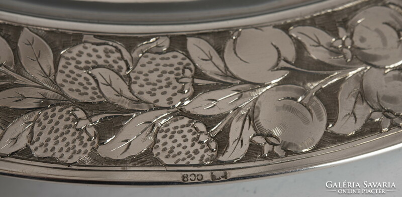 Silver round tray with fruit decor