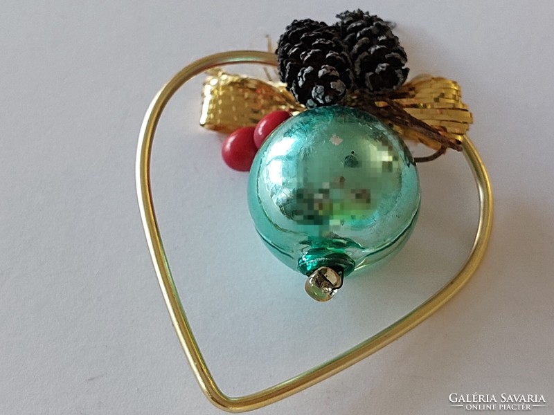 Régi üveg karácsonyfadísz szív alakú arany zöld színű üvegdísz