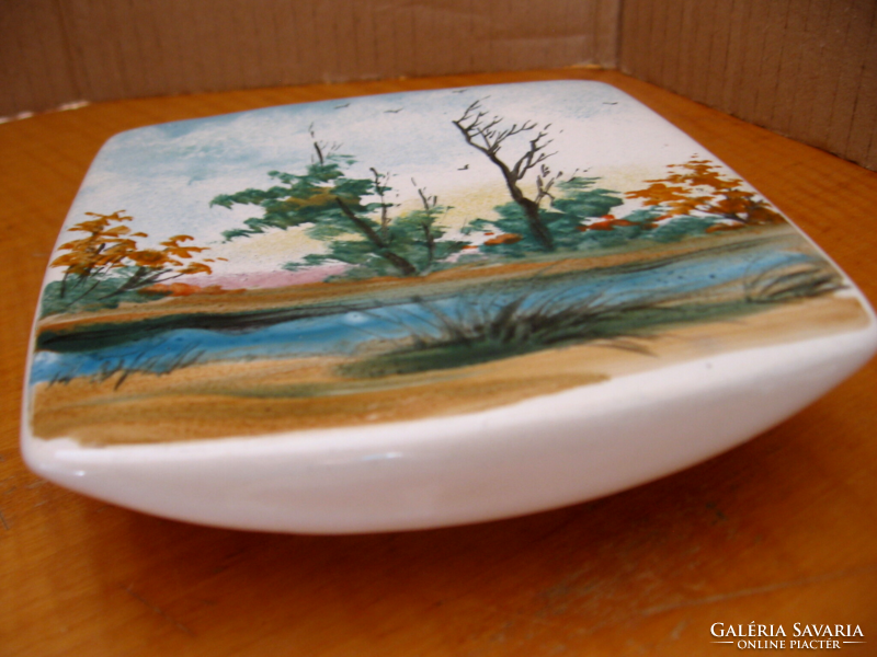 Hand-painted landscape on a porcelain bowl and soap dish