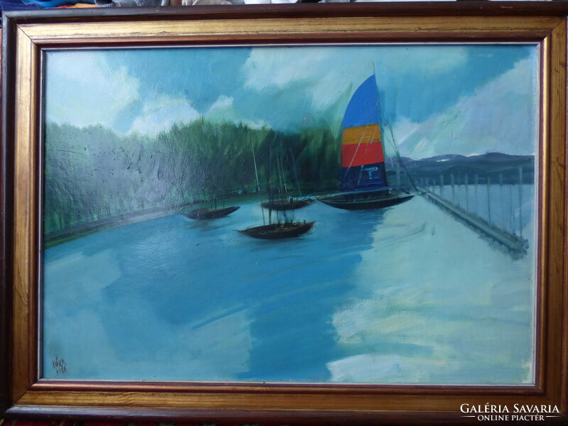 Kóka Ferenc (1934-1997) : Balatoni kikötő (1986) - 42 x 62 cm, olaj, fa
