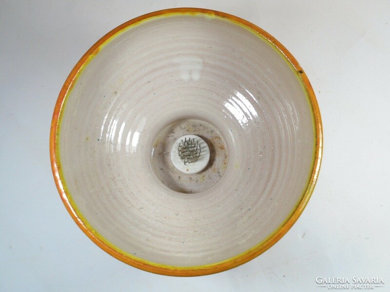 Retro vintage old marked Mihály Béla industrial artist ikebana flower arranger painted glazed ceramic bowl