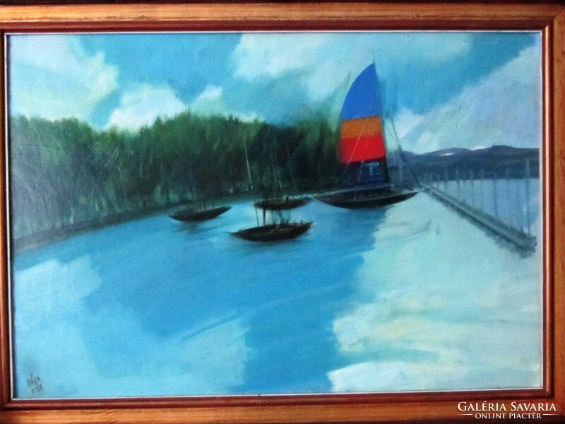 Ferenc Kóka (1934-1997): the port of Lake Balaton (1986) - 42 x 62 cm, oil, wood