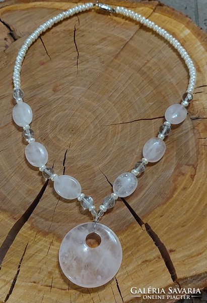 Rose quartz, rock crystal, real cultured pearl necklace with blue rose quartz pendant