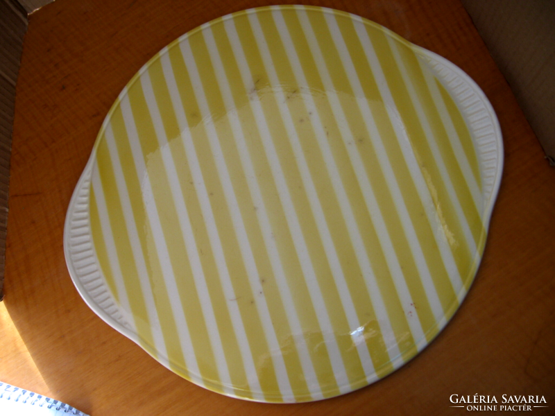 Retro shabby sárga-fehér csíkos tortás tálca Limburg Echt Dom Keramik