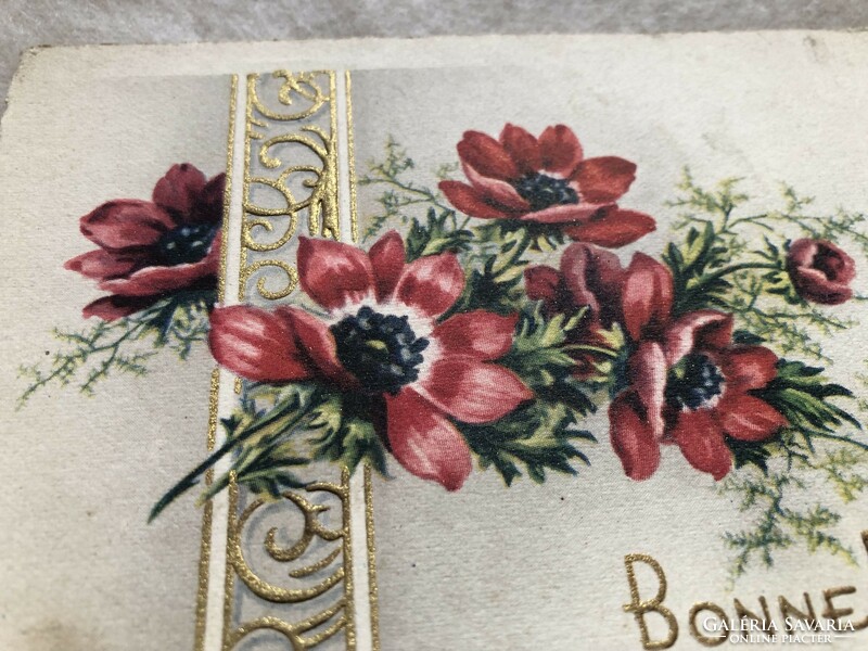 Antik, régi, aranyozott virágos képeslap                          -2.