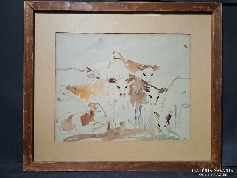 Rozália Koszta: calves (watercolor) is a charming painting by the painter from Gyula! (Cows, cows, animal pictures)
