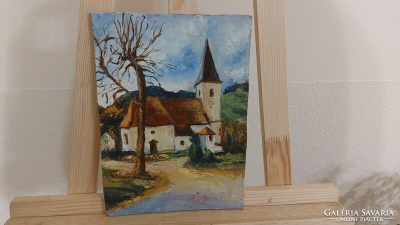 (K) painting of Magdolna village chapel with butchers (28x20 cm)