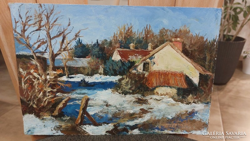 (K) Mészáros Magdolna novemberi téli utcarészlet c festménye (28x21 cm)