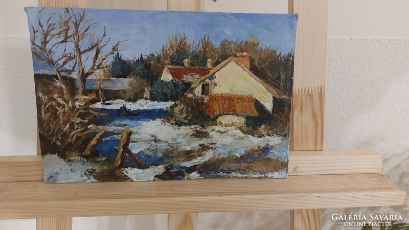 (K) Mészáros Magdolna novemberi téli utcarészlet c festménye (28x21 cm)