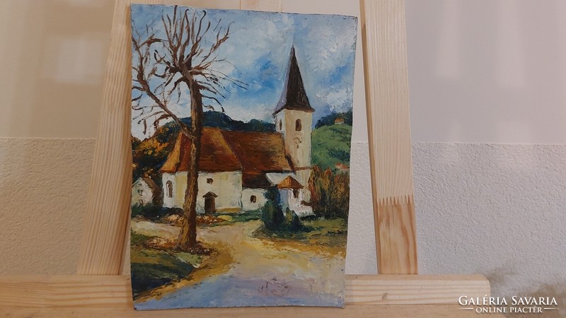 (K) painting of Magdolna village chapel with butchers (28x20 cm)