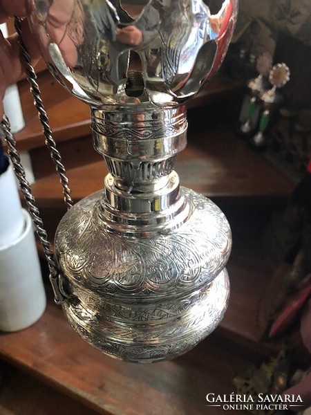 Ezüst petróleum lámpa, XX. század eleje, jelzett, 40 cm-es, 650 gramm.8630