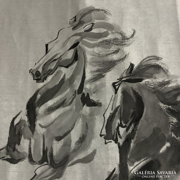 Chinese Black Paripas Horses Ink Painting Watercolor Horse Rider Signed Red Seal Original Handmade