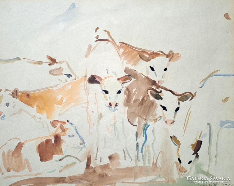 Rozália Koszta: calves (watercolor) is a charming painting by the painter from Gyula! (Cows, cows, animal pictures)