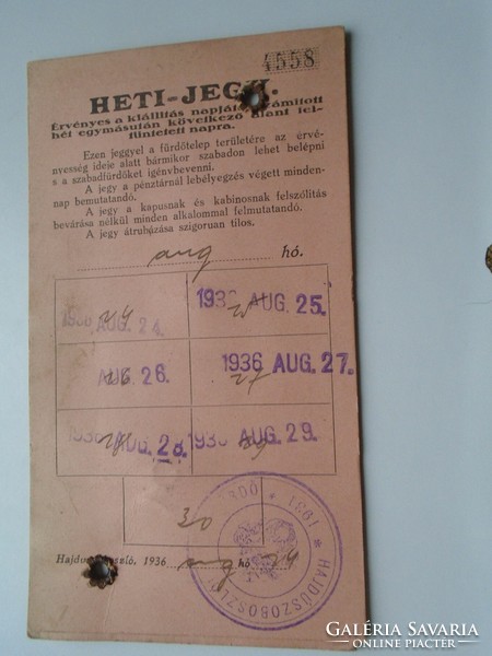D192298  Heti jegy - Hajdúszoboszló Gyógyfürdő -Ára 7 pengő 1936  Urbán Sándor részére kiállítva