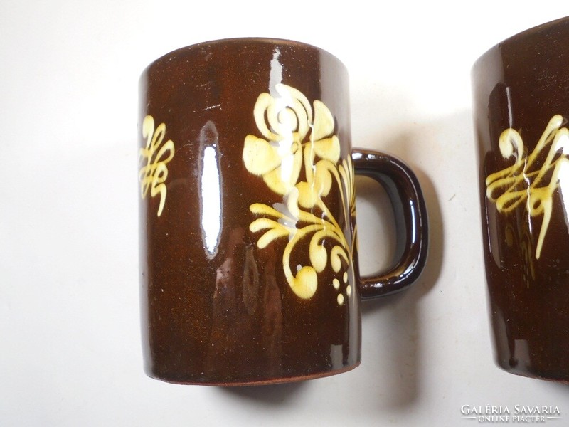 2 old retro marked painted glazed ceramic mugs - folk folk art flower motif industrial artist
