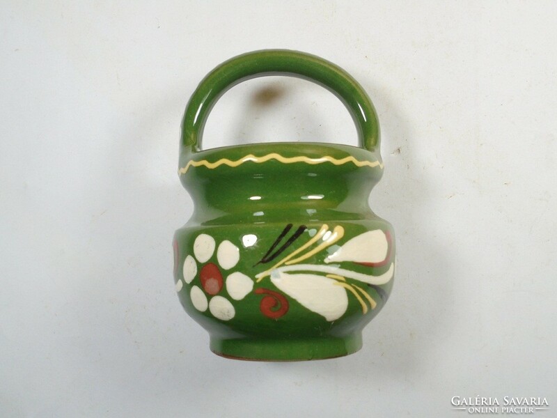 Retro old marked folk folk art glazed flower ceramic small basket bowl dish ornament - 9.5 cm high