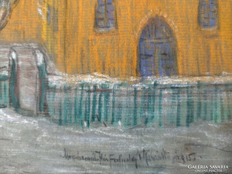 Snowy rooftops; pastel; 1915; Butcher's wife Mariska Kisfaludy; dated; signed