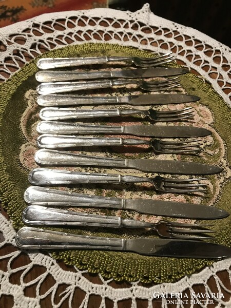 Beautiful, marked, silver-plated, antique, 6-person dessert knife and fork cutlery set