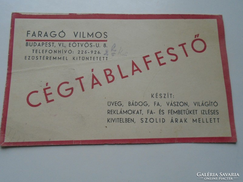 D192313  Faragó Vilmos Cégtáblafestő  Budapest  1930-40