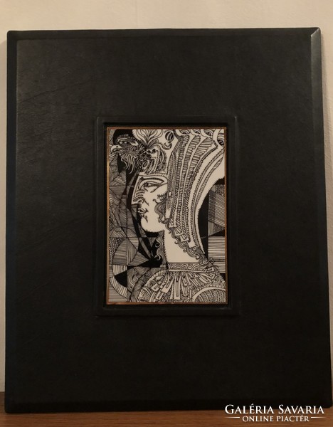 Saxon endre, porcelain picture, in a thick leather frame