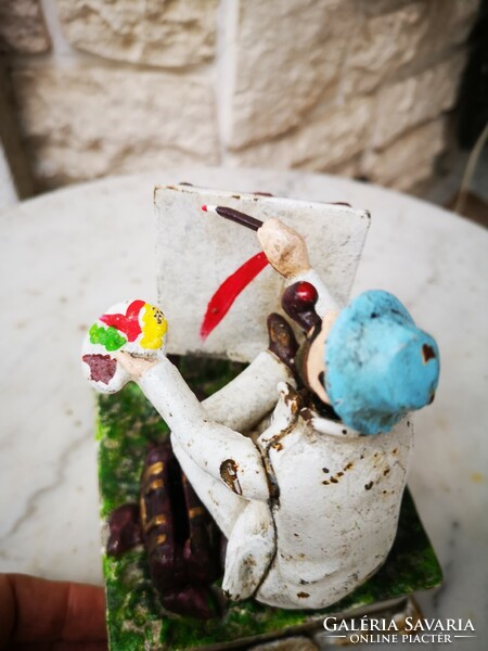 Régi öntött vas persely Festőművész szobor mozog a keze feje dekoráció gyüjteményben