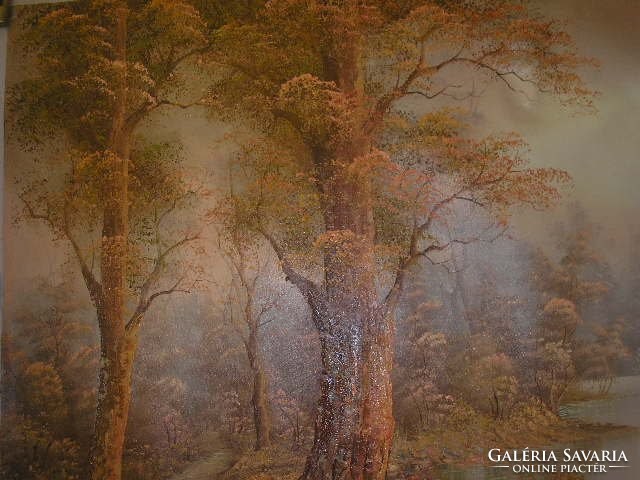 Huge oil painting forest with inner stream 93.5 X 63.5 Cm marked for sale at reduced price