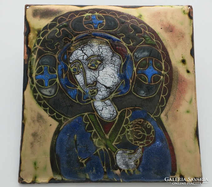 Stefániay Edit (1936-2010): Tűzzománc iparművészeti vallásos kép, Madonna