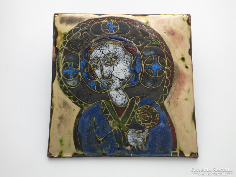 Stefániay Edit (1936-2010): Tűzzománc iparművészeti vallásos kép, Madonna