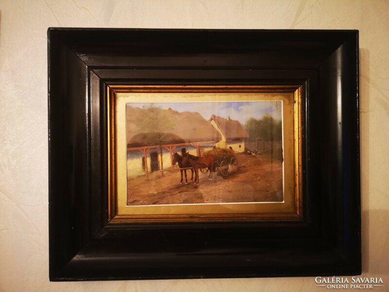 Németh György , vagy Béla jelzéssel festmény lovas szekeres falusi kép