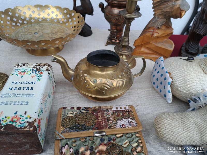 Old copper etc treasures vase cake tongs candle holder samovar wall plate wooden sculpture nostalgia