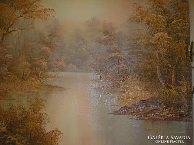Leárazva eladó Hatalmas olaj festmény erdő belső patakkal 93.5 X 63.5 cm jelzett