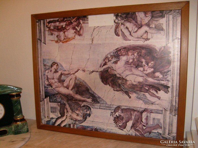 Ádám teremtése, Sixtus kápolna Michelangelo mennyezeti freskó,nyomat,73 X60 cm katalógus szám ritka