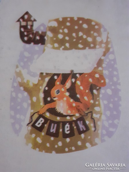 Régi újévi képeslap rajzos levelezőlap mókus hóesés