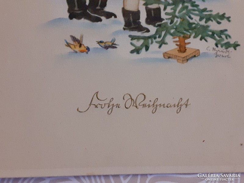 Old Christmas postcard style postcard with pine tree kids little bird