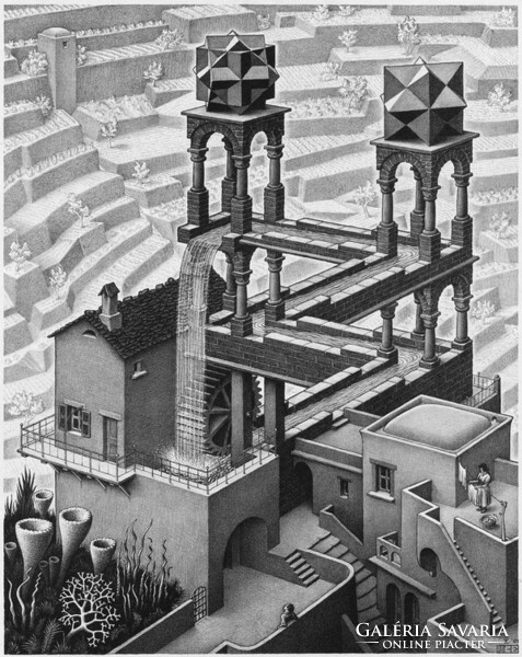 M. C. Escher graphics: waterfall reprint print, 3d space game illusion geometry tower architecture roofs
