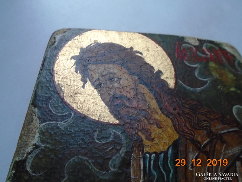 Antique Russian icon of St. John the Baptist with Novgorod wax seal oil canvas painting on wooden sheet