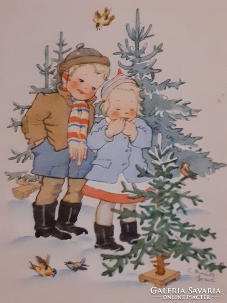 Old Christmas postcard style postcard with pine tree kids little bird