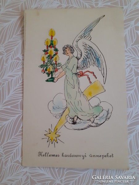 Old Christmas postcard style postcard with angel Christmas tree