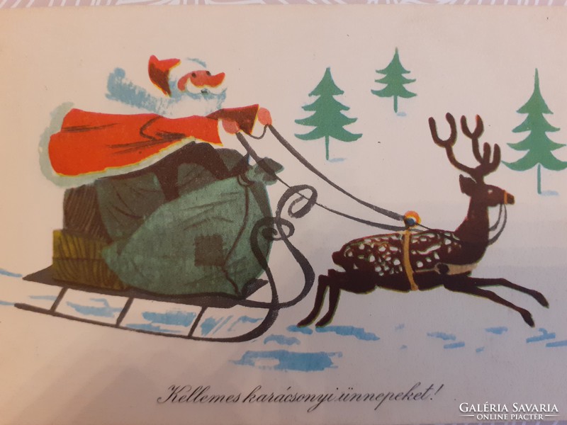 Régi karácsonyi képeslap 1960 rajzos levelezőlap szánkó mikulás szarvas